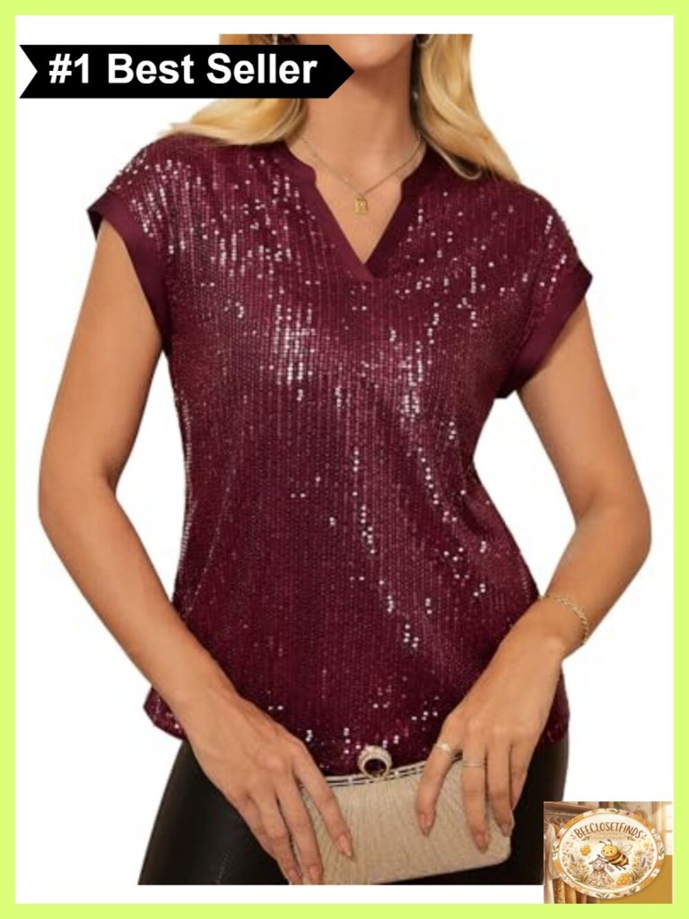 Sequin Sparkly Top Cap Sleeve V Neck Dressy Party Blouse